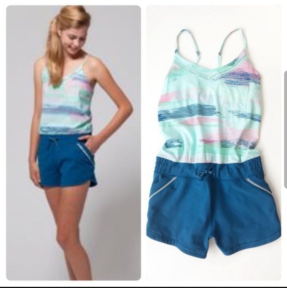 Ivivva Mint Striped Tank Romper with Blue Shorts
